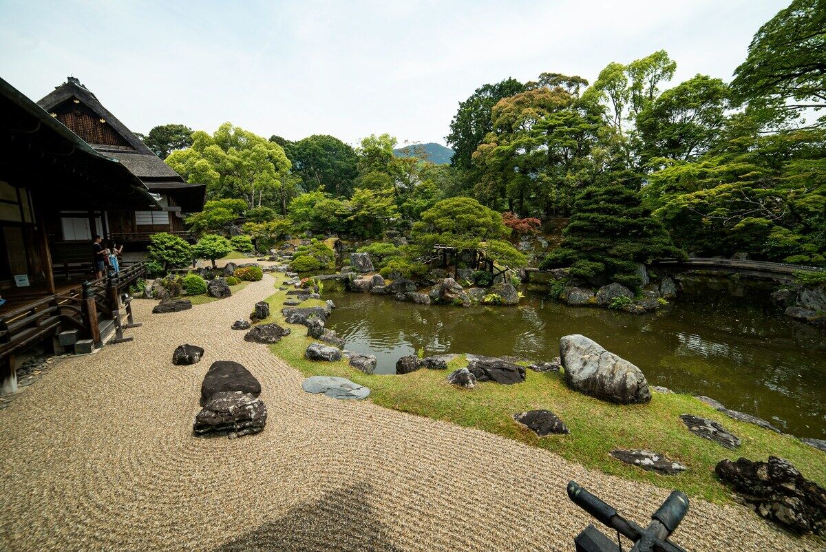 日本庭園。砂紋が引かれた前庭、飛石の先に池と築山が広がる